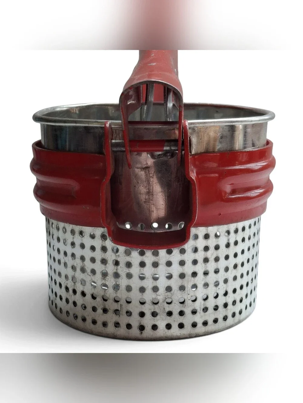 Mid Century Red Handled Metal Potato Ricer Farmhouse Kitchen Masher Strainer